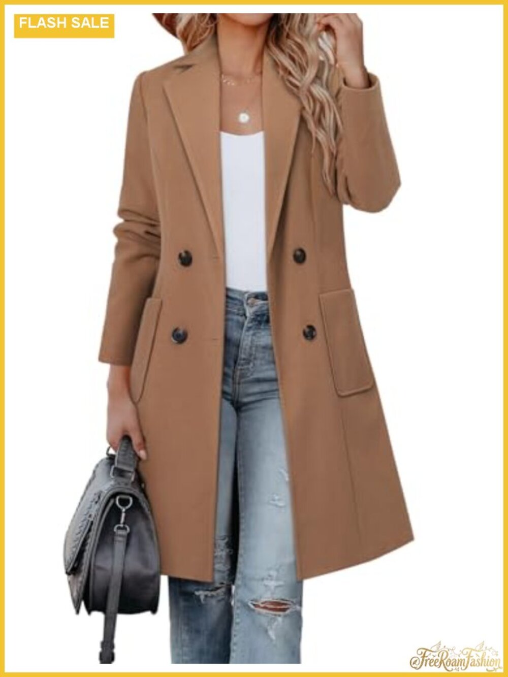 Wool Blend Double Breasted Pea Coat Notch Lapel Long Sleeve Winter Overcoat